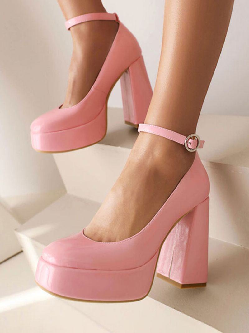 Dam Högklackat Svart Rund Tå Chunky Heel Ankel Strap Pumps - Rosa