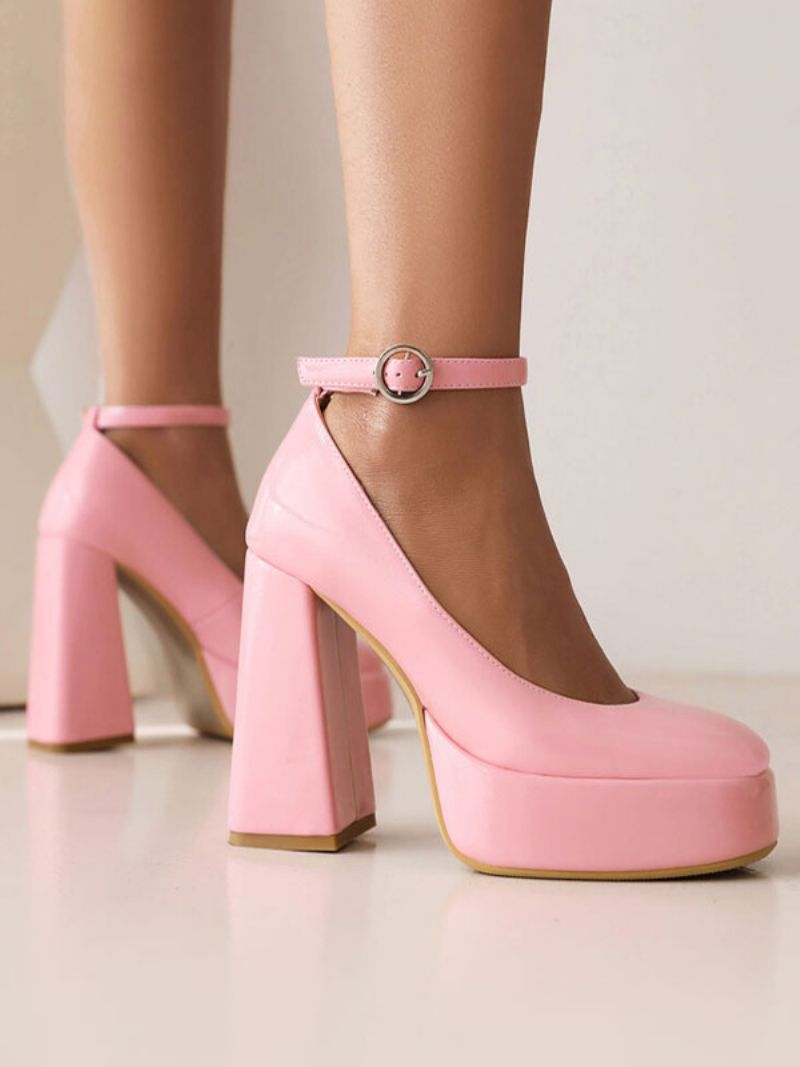 Dam Högklackat Svart Rund Tå Chunky Heel Ankel Strap Pumps - Rosa