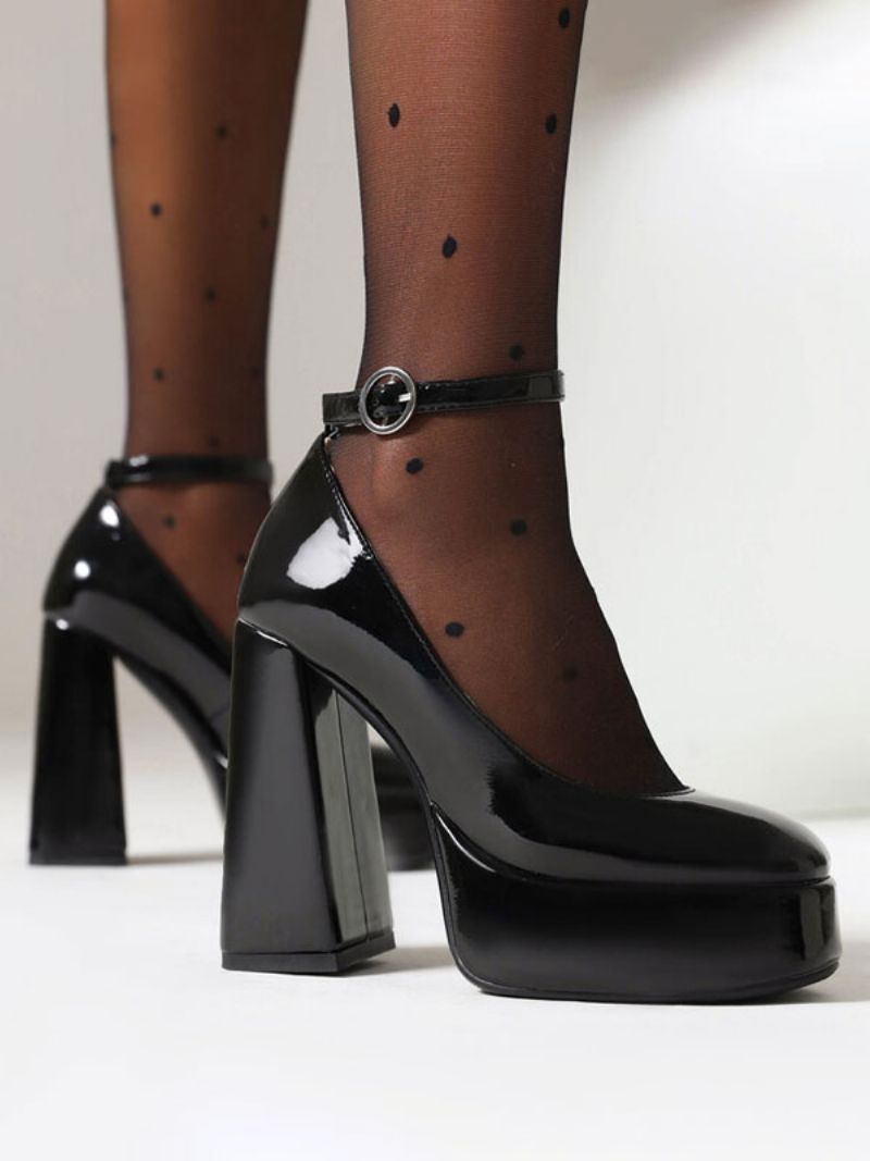 Dam Högklackat Svart Rund Tå Chunky Heel Ankel Strap Pumps - Svart