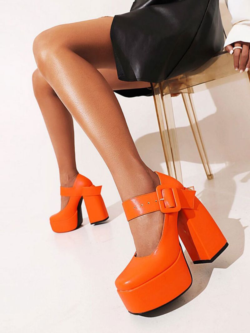 Dam Mary Jane Buckle Platform Chunky Heel Pumps - Orange