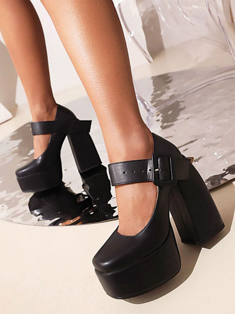 Dam Mary Jane Buckle Platform Chunky Heel Pumps - Svart