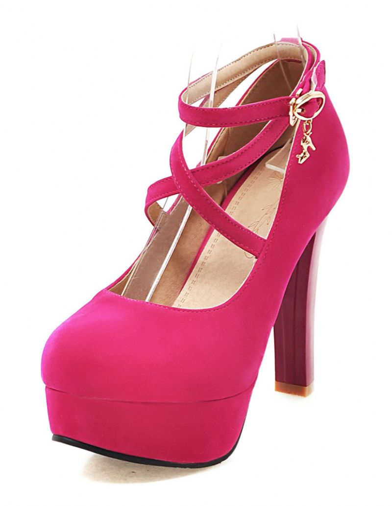 Dam Mocka Sexiga Plattformsskor Rund Tå Crosscross Chunky Prom Heel Pumps - Ros