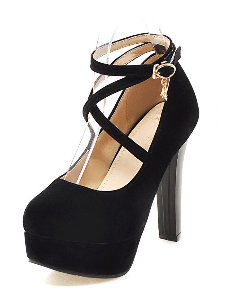 Dam Mocka Sexiga Plattformsskor Rund Tå Crosscross Chunky Prom Heel Pumps - Svart