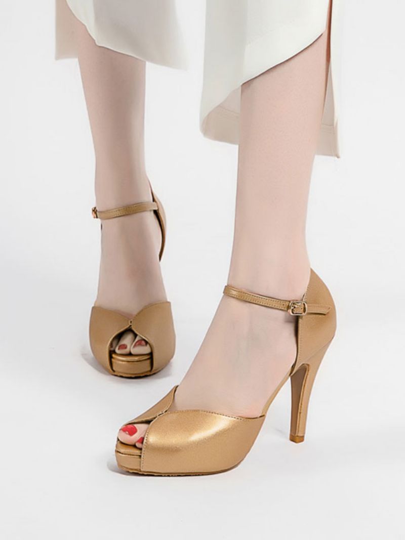 Dam Peep Toe Skor Stilettklack Metalldetaljer Enkla Sandaler Med Ankelrem - Guld