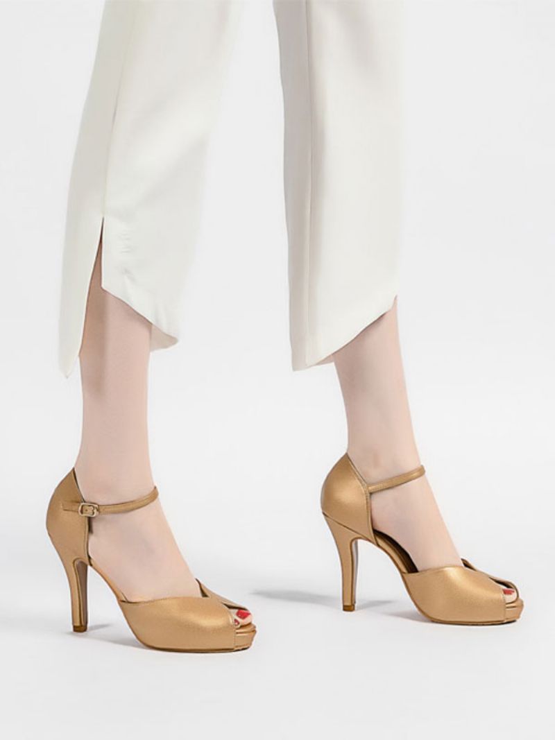 Dam Peep Toe Skor Stilettklack Metalldetaljer Enkla Sandaler Med Ankelrem - Guld