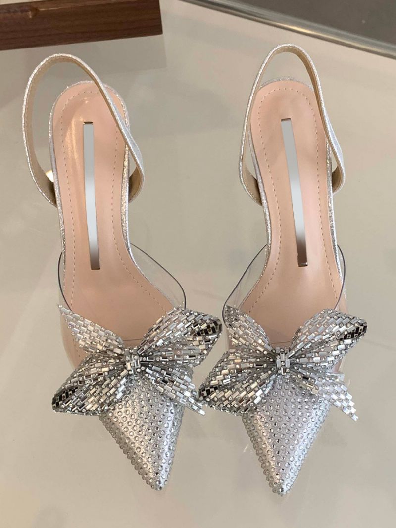 Dam Stilettklack Slingback Klackar Svart Pu Läder Pumps - Silver