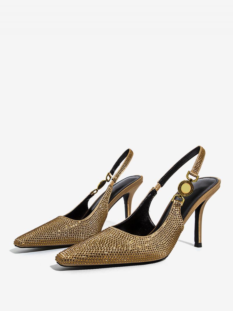 Dam Svarta Klackar Strass Stilettklack Slingback Pumps Partyskor - Guld