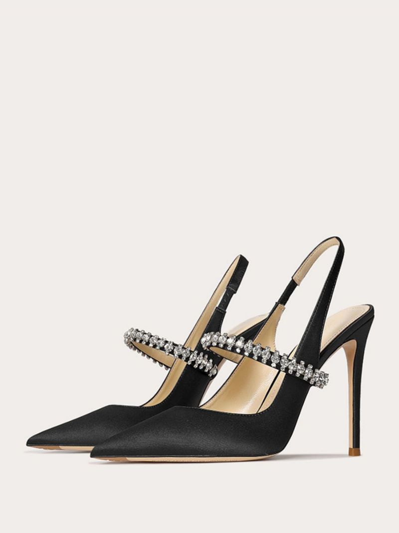 Dambalskor I Satäng Svart Strass Spetsad Tå Stilettklack Slingback Pumps