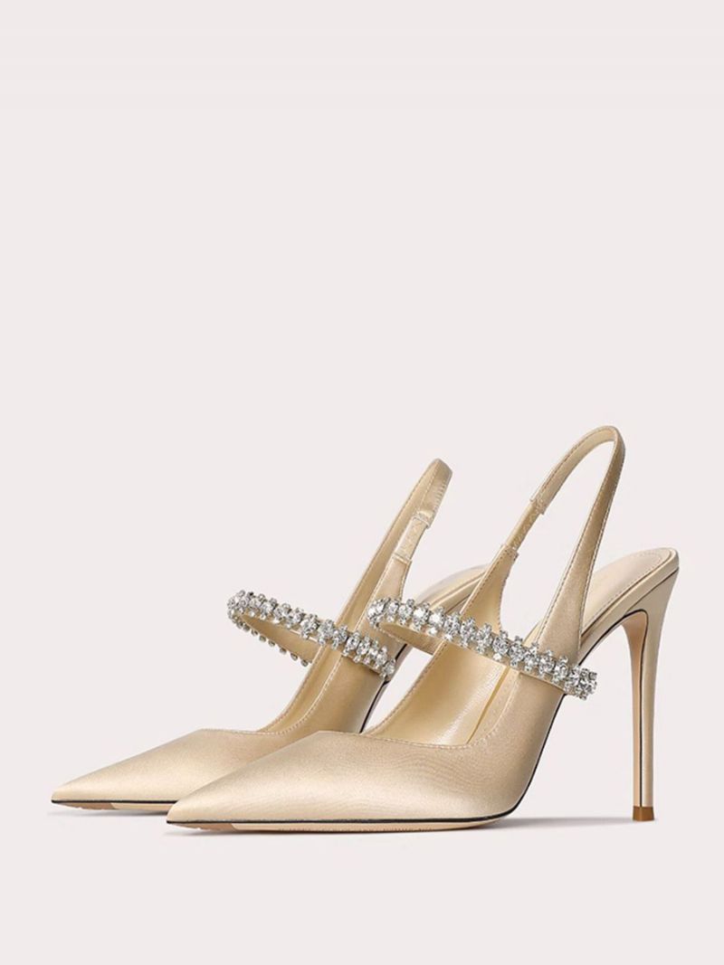 Dambalskor I Satäng Svart Strass Spetsad Tå Stilettklack Slingback Pumps - Ljusgul