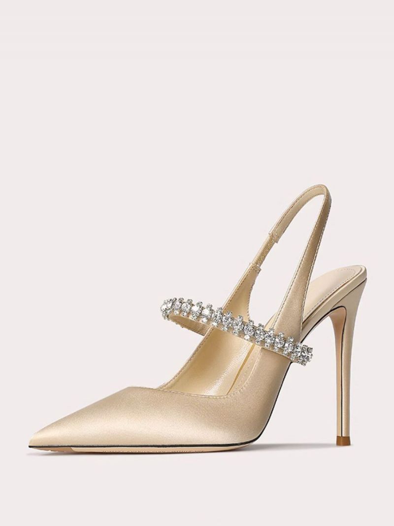 Dambalskor I Satäng Svart Strass Spetsad Tå Stilettklack Slingback Pumps - Ljusgul