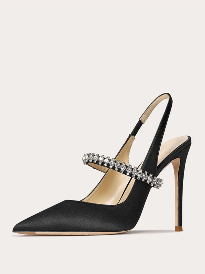 Dambalskor I Satäng Svart Strass Spetsad Tå Stilettklack Slingback Pumps - Svart