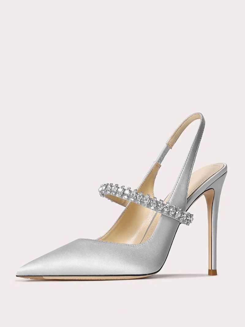 Dambalskor I Satäng Svart Strass Spetsad Tå Stilettklack Slingback Pumps - Silver