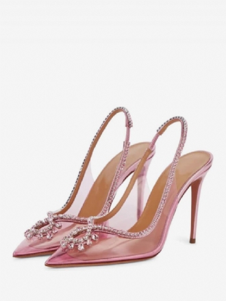 Dambalskor Rosa Spetsig Tå Strass Slingback Högklackade Pumps