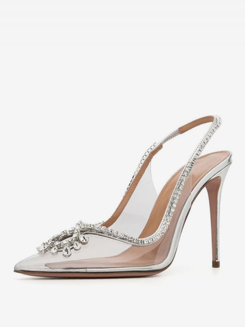 Dambalskor Rosa Spetsig Tå Strass Slingback Högklackade Pumps - Silver