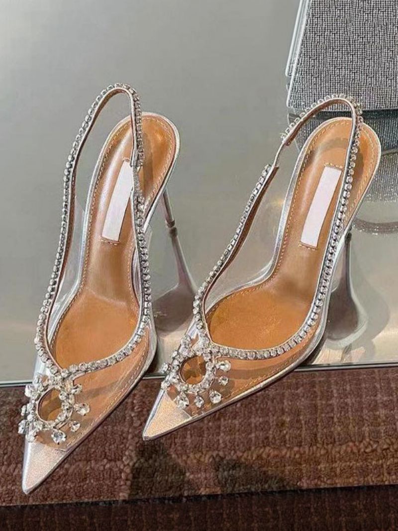 Dambalskor Rosa Spetsig Tå Strass Slingback Högklackade Pumps - Silver