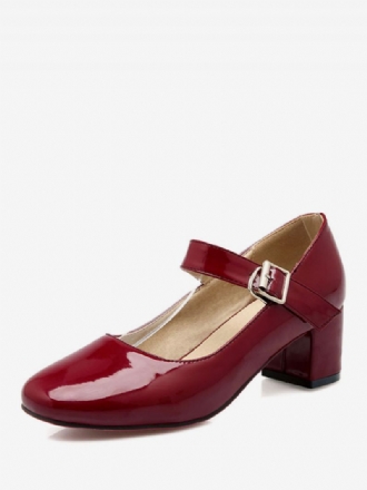 Damblock Heel Pumps Patent Mary Jane Square Toe Lågklackade Skor I Burgundy Vintage