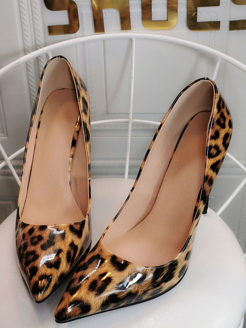 Damkaffe Brun Pumps Stilettklack Spetsig Tå Leopardtryckt Patent Pu Casual Sexiga Klackar