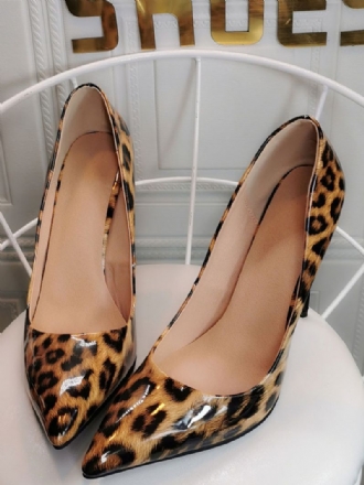 Damkaffe Brun Pumps Stilettklack Spetsig Tå Leopardtryckt Patent Pu Casual Sexiga Klackar