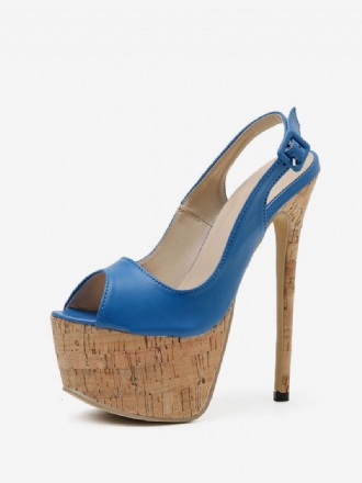 Damklackade Sandaler Stilettklack Pu-läder Peep Toe Blå Högklackade Slingback Pumps