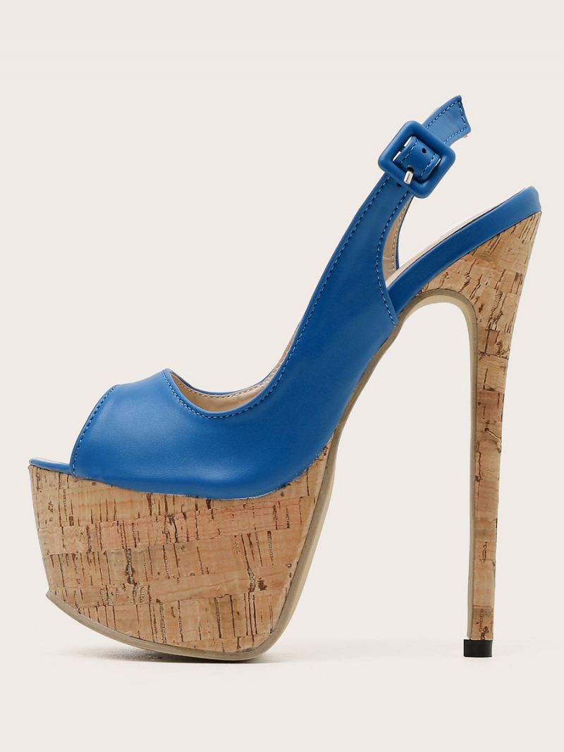 Damklackade Sandaler Stilettklack Pu-läder Peep Toe Blå Högklackade Slingback Pumps - Blå