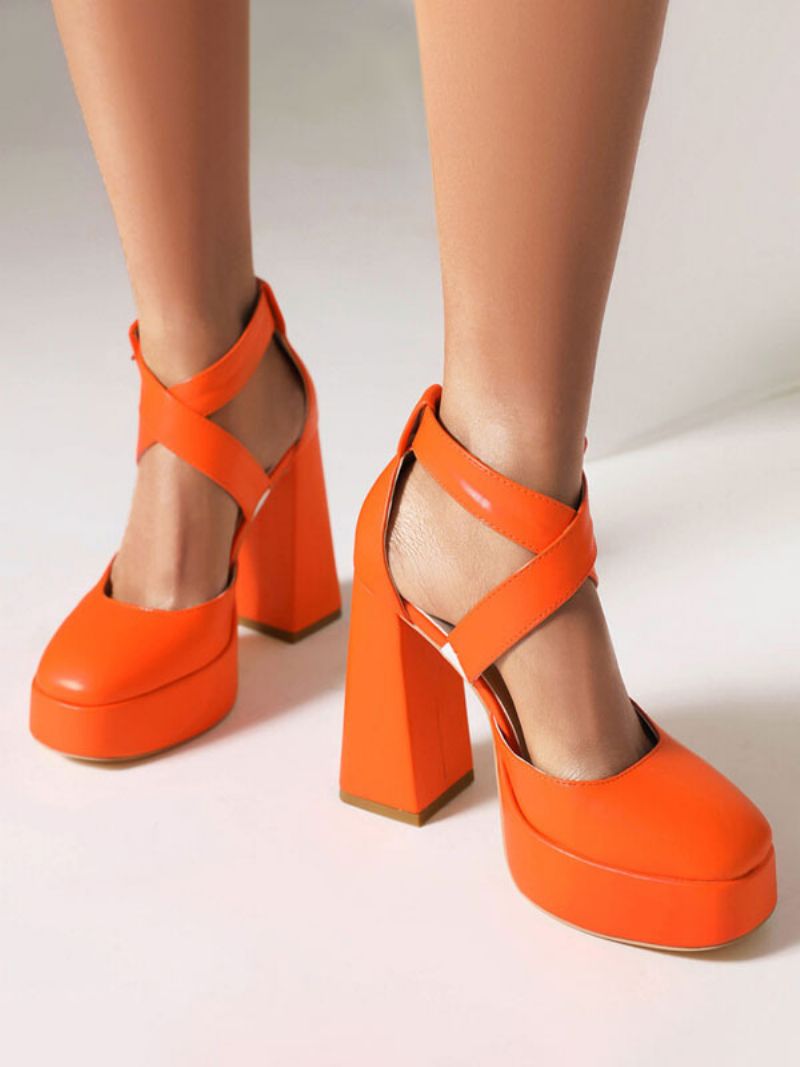 Damklackar Rund Toe Pumps Chunky Heel Pu-läder - Orange