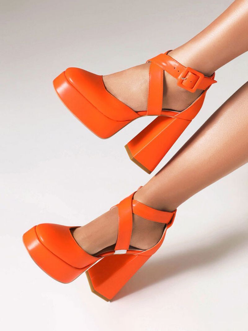 Damklackar Rund Toe Pumps Chunky Heel Pu-läder - Orange