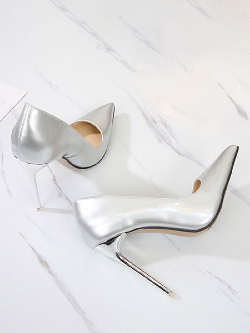 Damklackar Slip-on Spetsig Tå Pumps Stiletto Heel Pu Läder - Silver