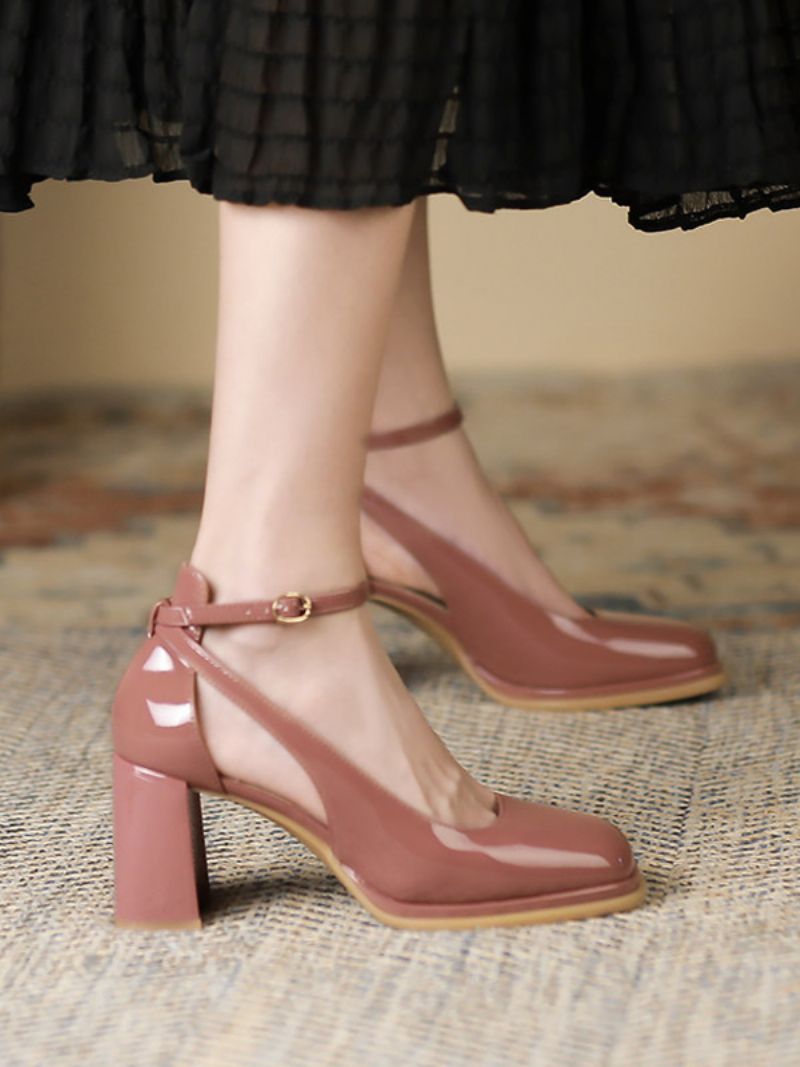 Damklänning Pumps Vacker Fyrkantig Tå Lackläder Höjdökande - Blush Pink