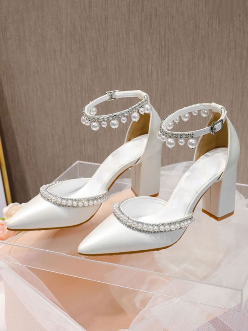 Dampärlor Med Spetsad Tå Ankelrem Bridal Pumps Chunky Heel - Vit