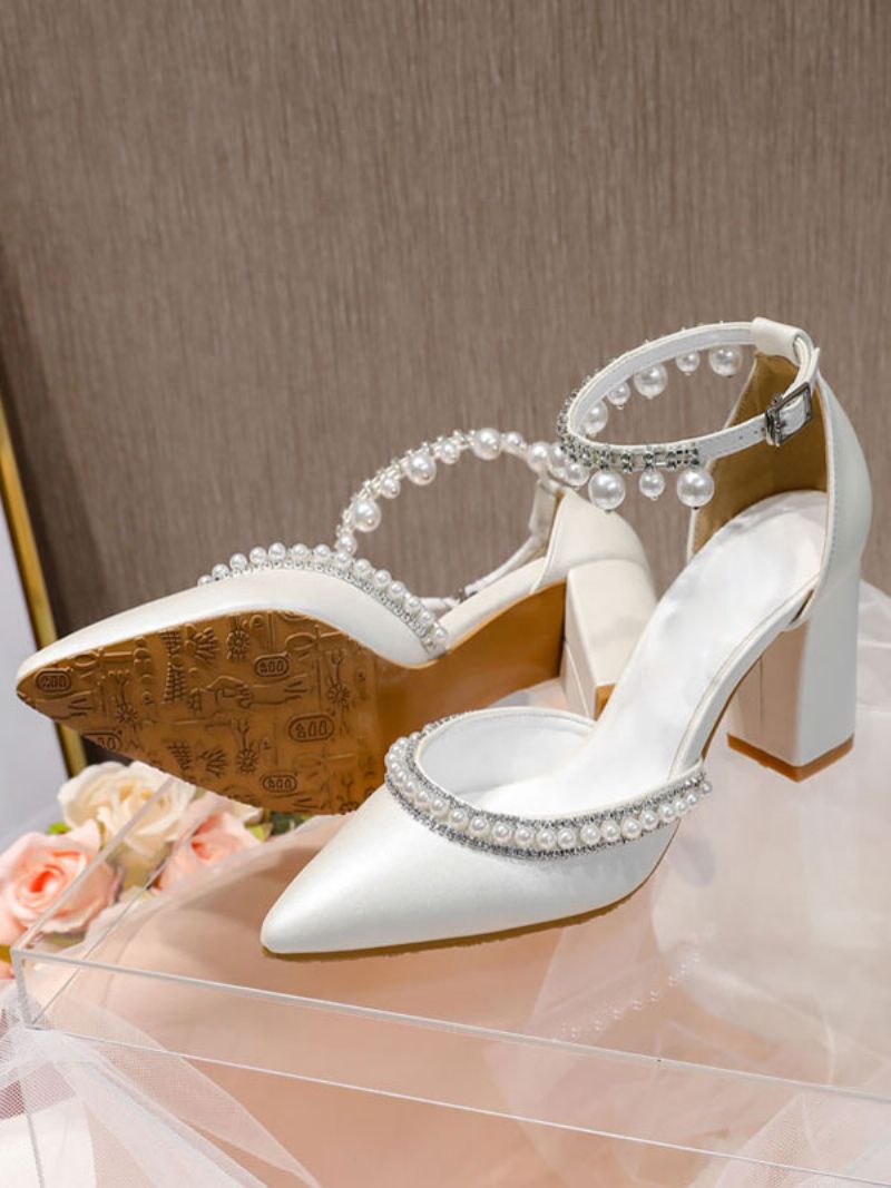 Dampärlor Med Spetsad Tå Ankelrem Bridal Pumps Chunky Heel - Vit