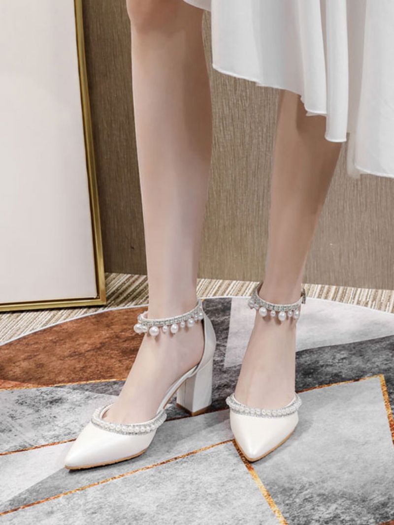 Dampärlor Med Spetsad Tå Ankelrem Bridal Pumps Chunky Heel - Vit