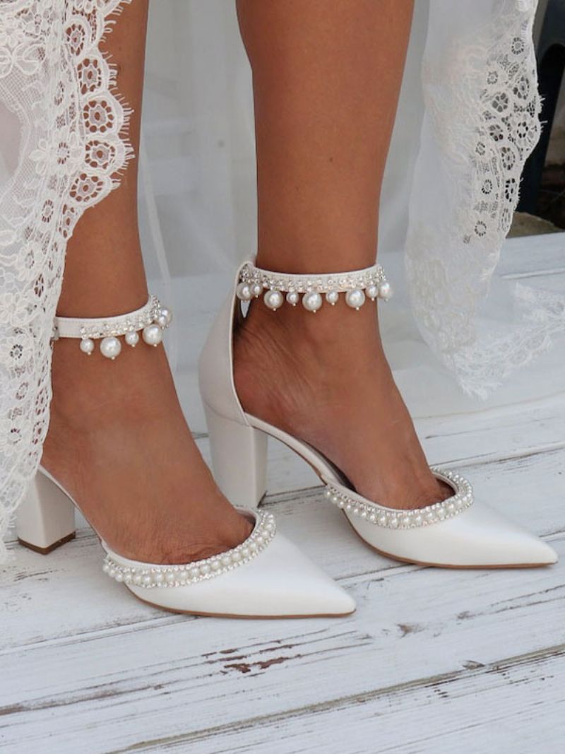 Dampärlor Med Spetsad Tå Ankelrem Bridal Pumps Chunky Heel - Vit