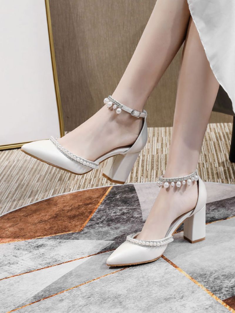 Dampärlor Med Spetsad Tå Ankelrem Bridal Pumps Chunky Heel - Vit