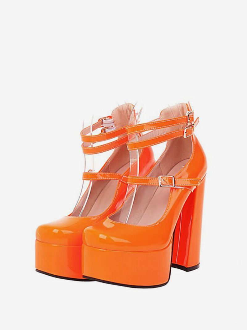 Damplattform Chunky Heel Mary Jane Pumps I Lackläder - Orange Röd