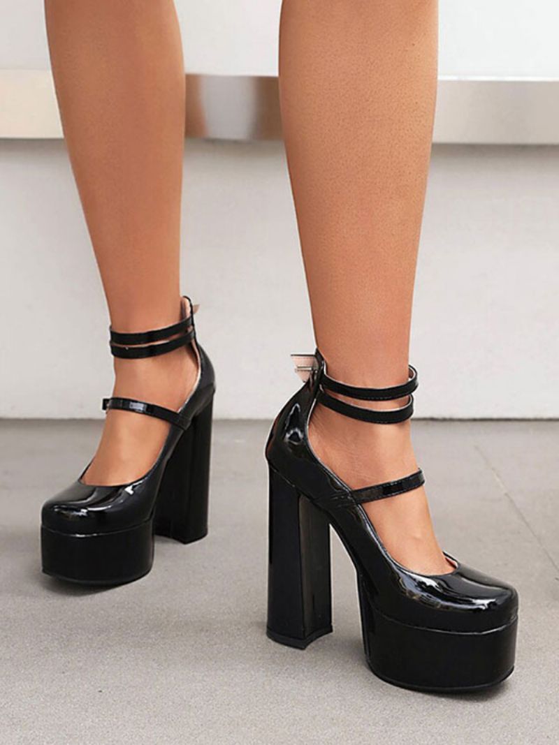 Damplattform Chunky Heel Mary Jane Pumps I Lackläder - Svart