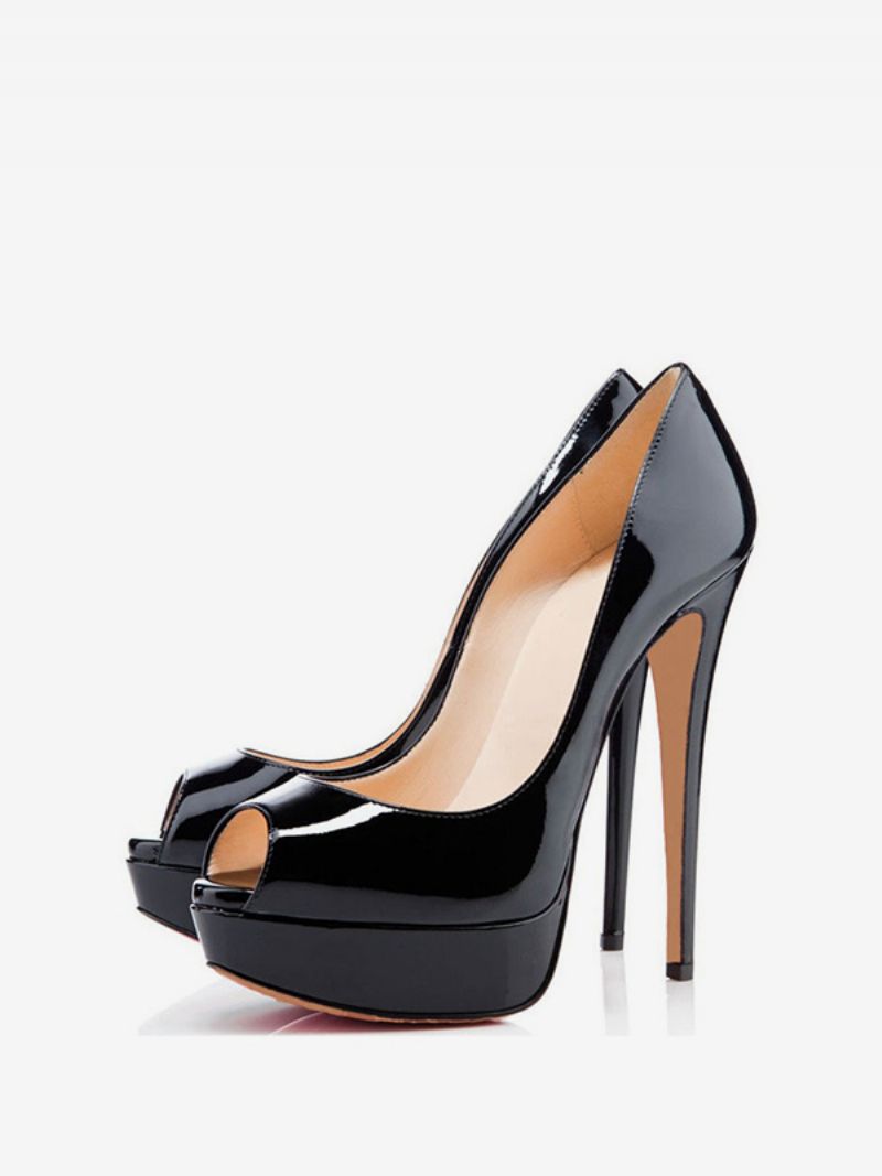 Damplattform Peep Toe Klackar Lack Stilettklack Sexiga Party Pumps - Svart