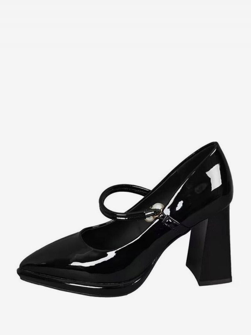 Damsvarta Mary Jane-skor Med Spetsad Tå Chunky Heel Pumps