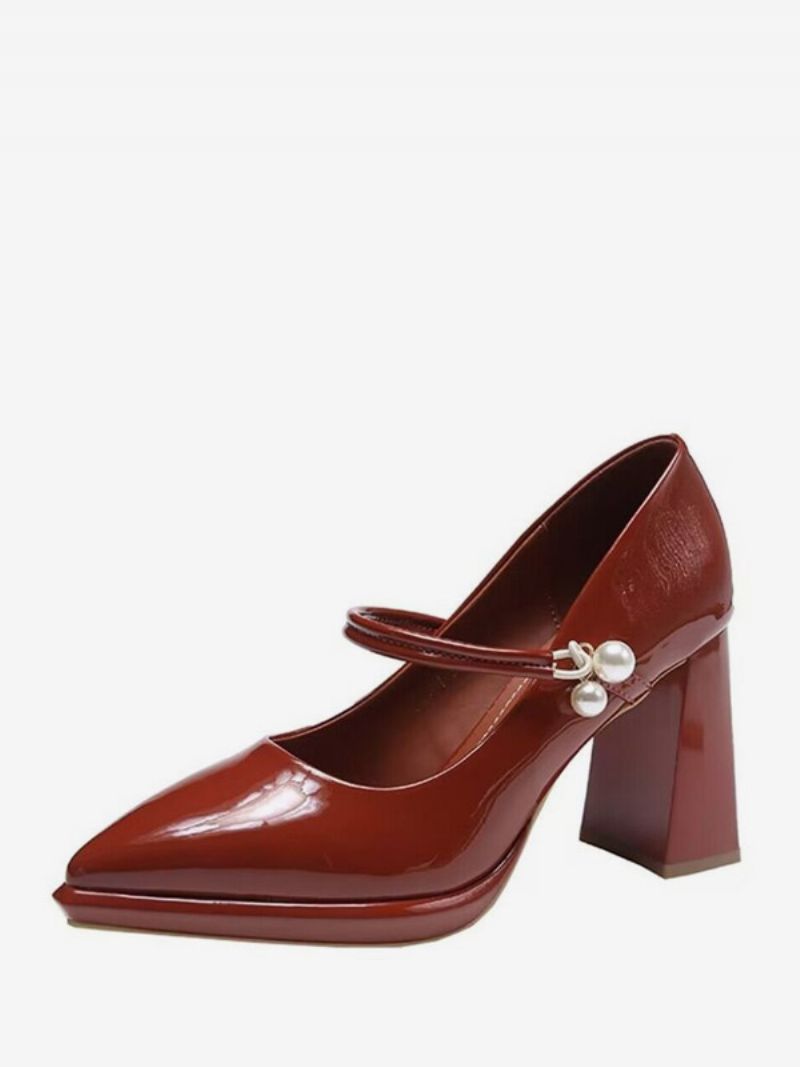 Damsvarta Mary Jane-skor Med Spetsad Tå Chunky Heel Pumps - Vinröd