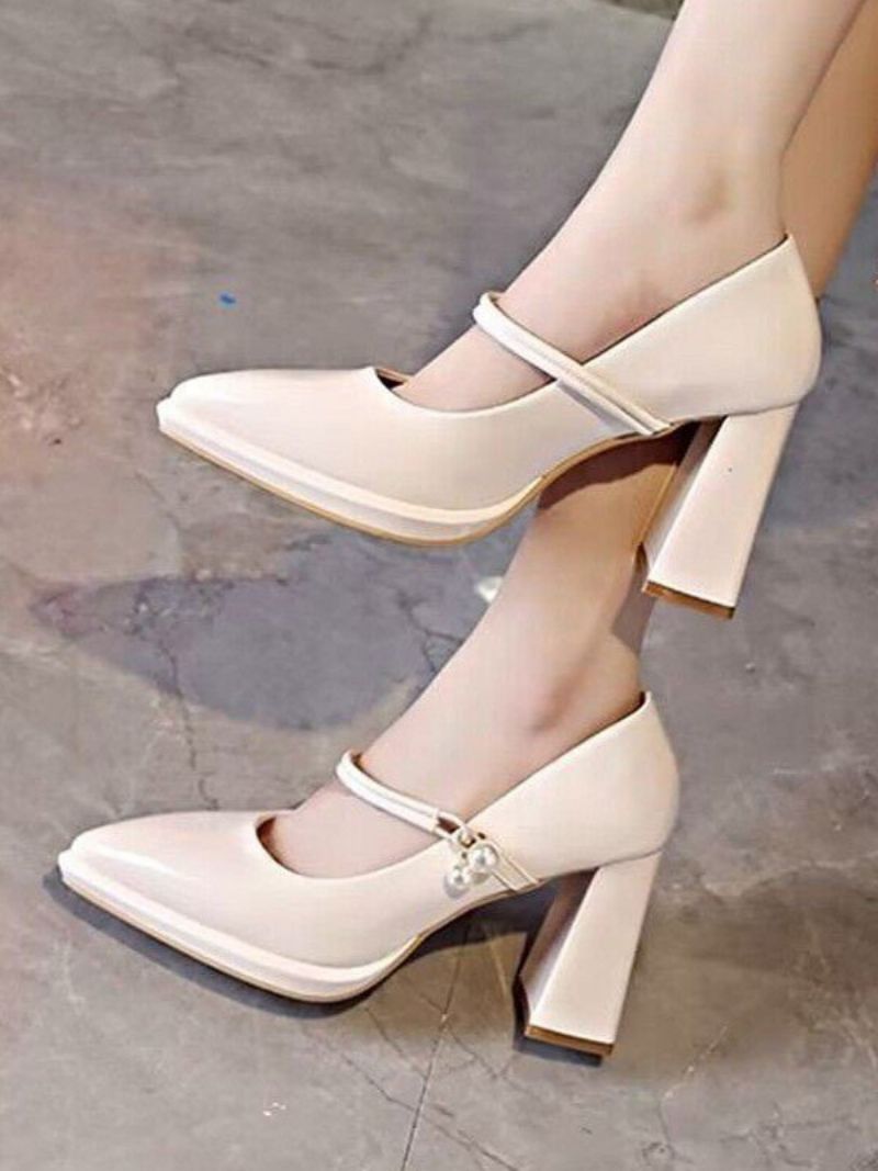 Damsvarta Mary Jane-skor Med Spetsad Tå Chunky Heel Pumps - Beige