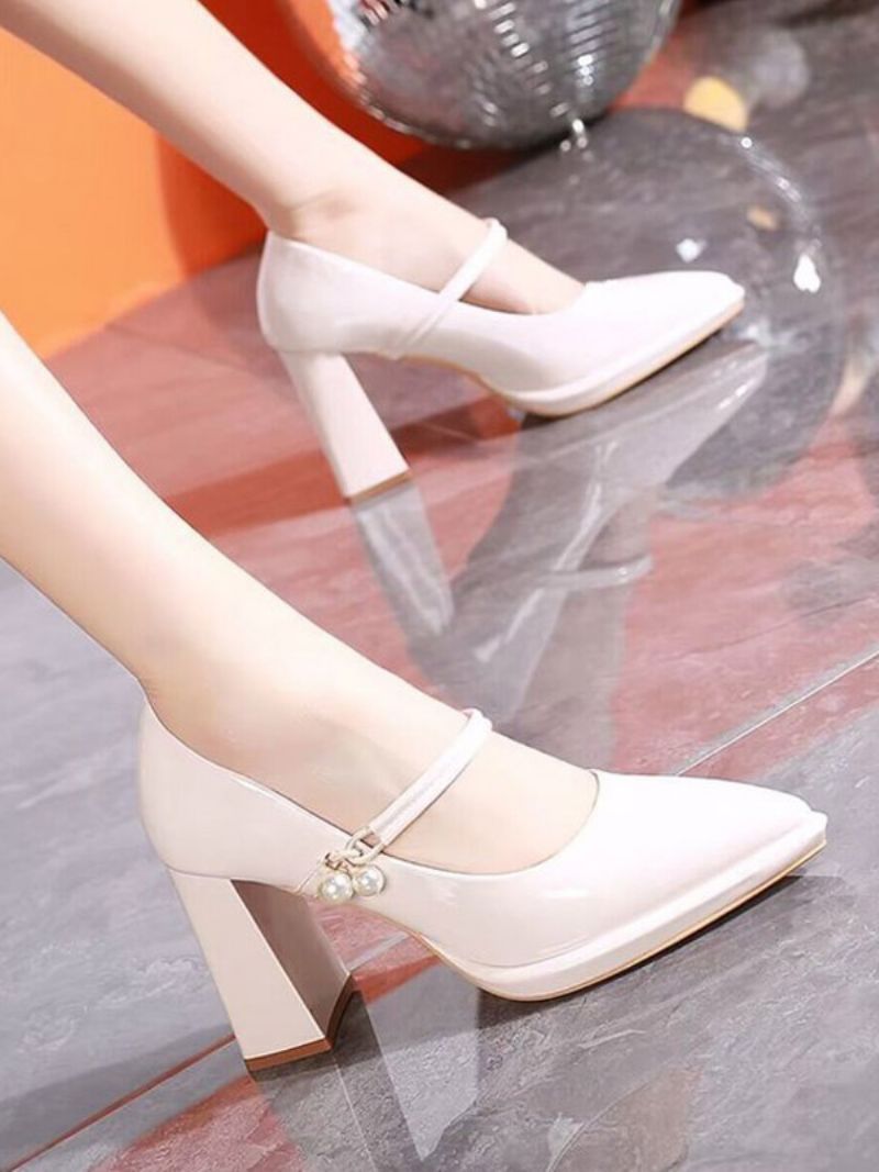 Damsvarta Mary Jane-skor Med Spetsad Tå Chunky Heel Pumps - Beige