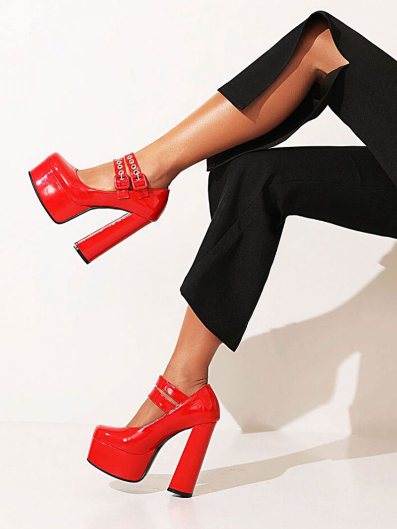 Dubbla Spännen Damer Mary Jane Platform Chunky Heel Pumps - Röd