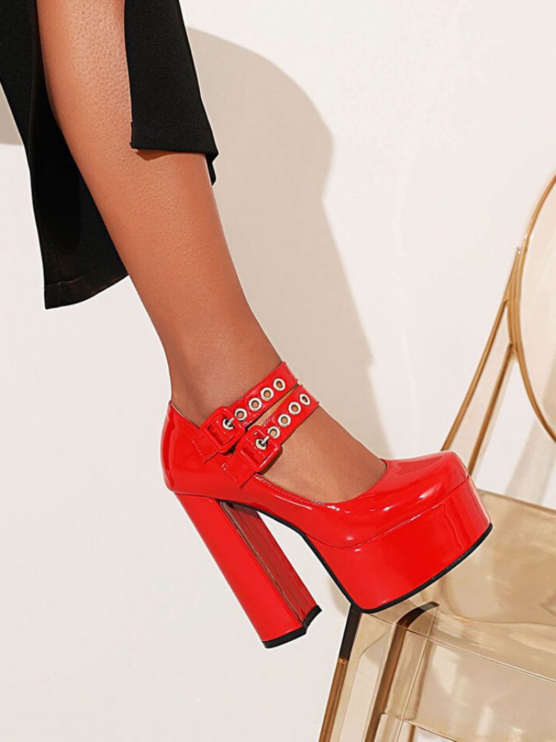 Dubbla Spännen Damer Mary Jane Platform Chunky Heel Pumps - Röd