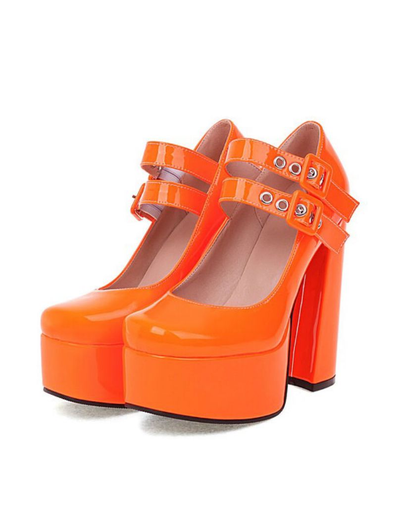 Dubbla Spännen Damer Mary Jane Platform Chunky Heel Pumps - Orange Röd