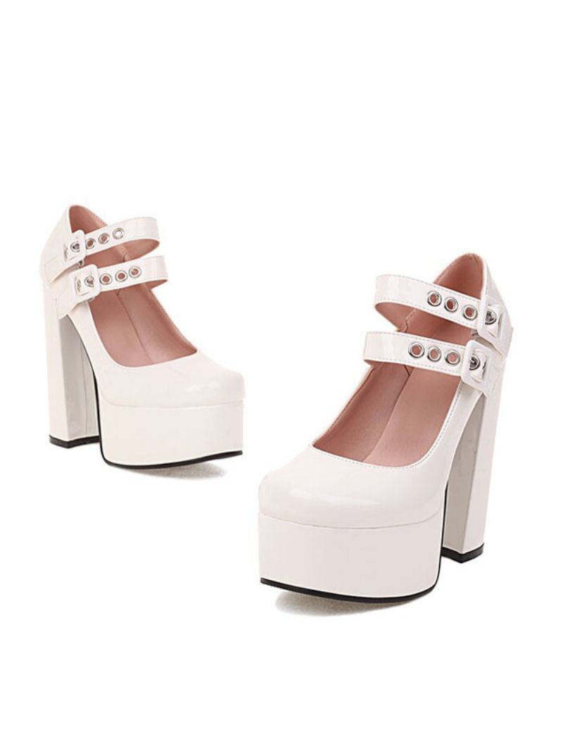 Dubbla Spännen Damer Mary Jane Platform Chunky Heel Pumps - Vit