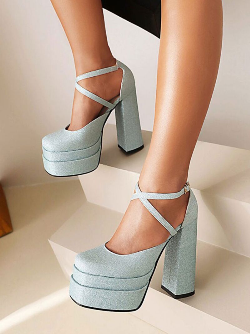 Glitter Strappy Platform Chunky Heel Pumps För Kvinnor - Ljus Himmelsblå