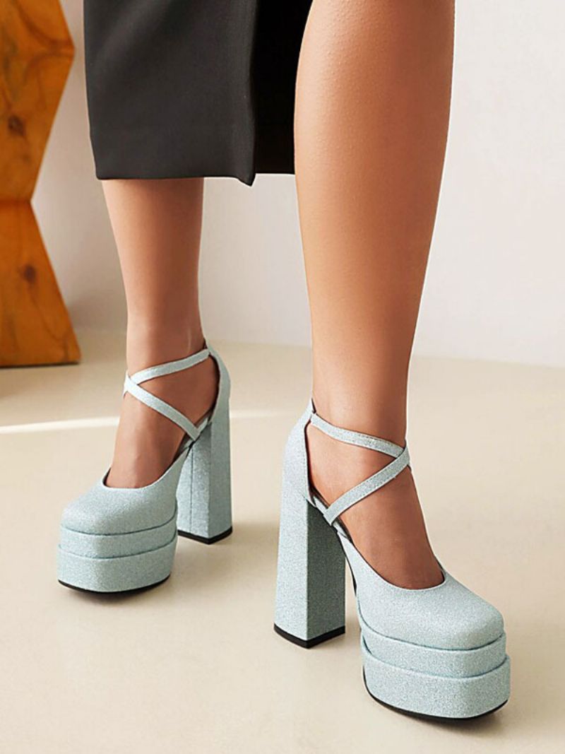 Glitter Strappy Platform Chunky Heel Pumps För Kvinnor - Ljus Himmelsblå