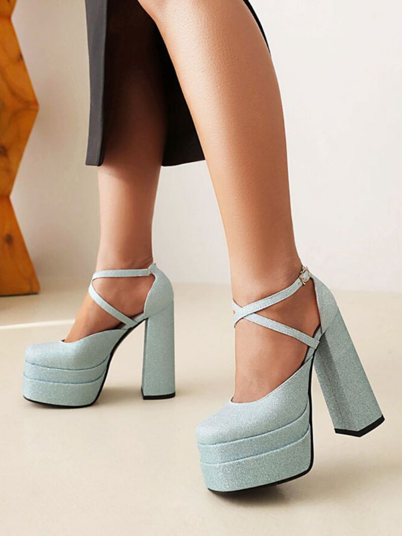 Glitter Strappy Platform Chunky Heel Pumps För Kvinnor - Ljus Himmelsblå