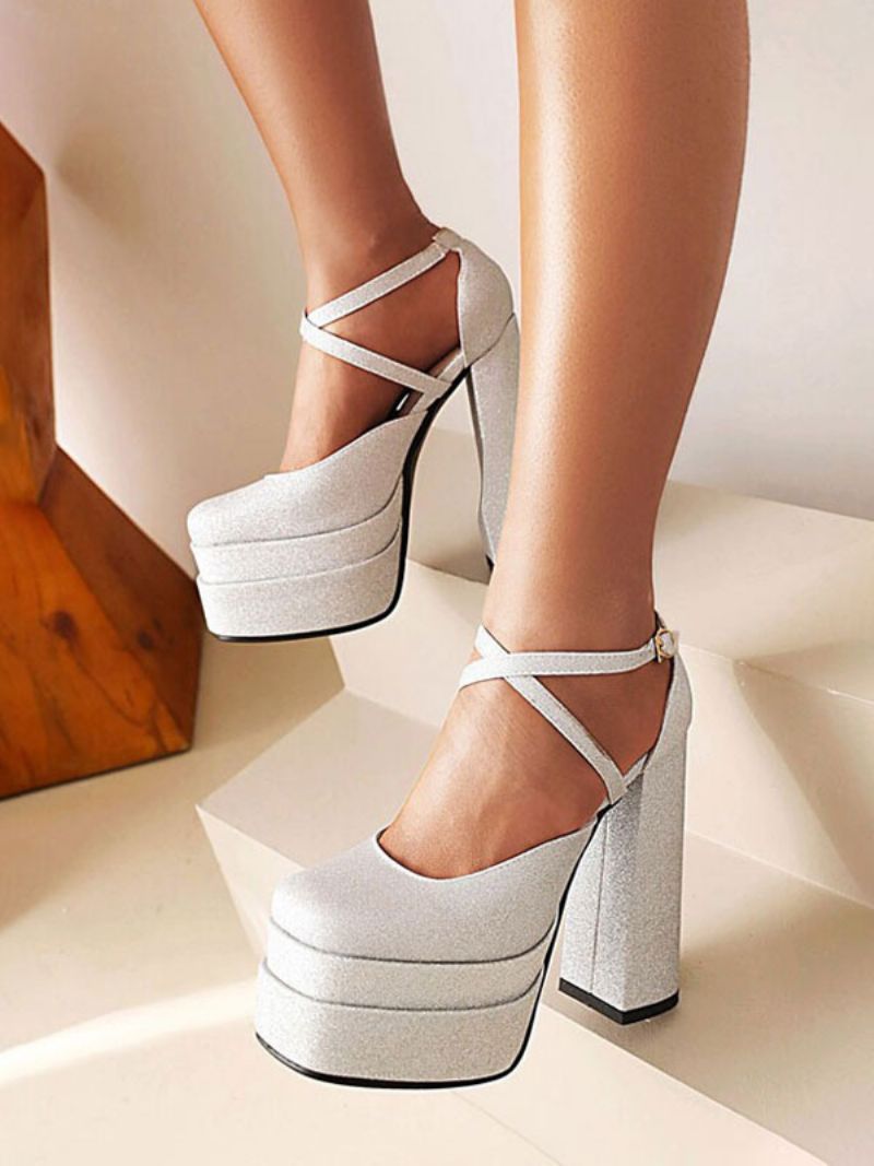 Glitter Strappy Platform Chunky Heel Pumps För Kvinnor - Silver