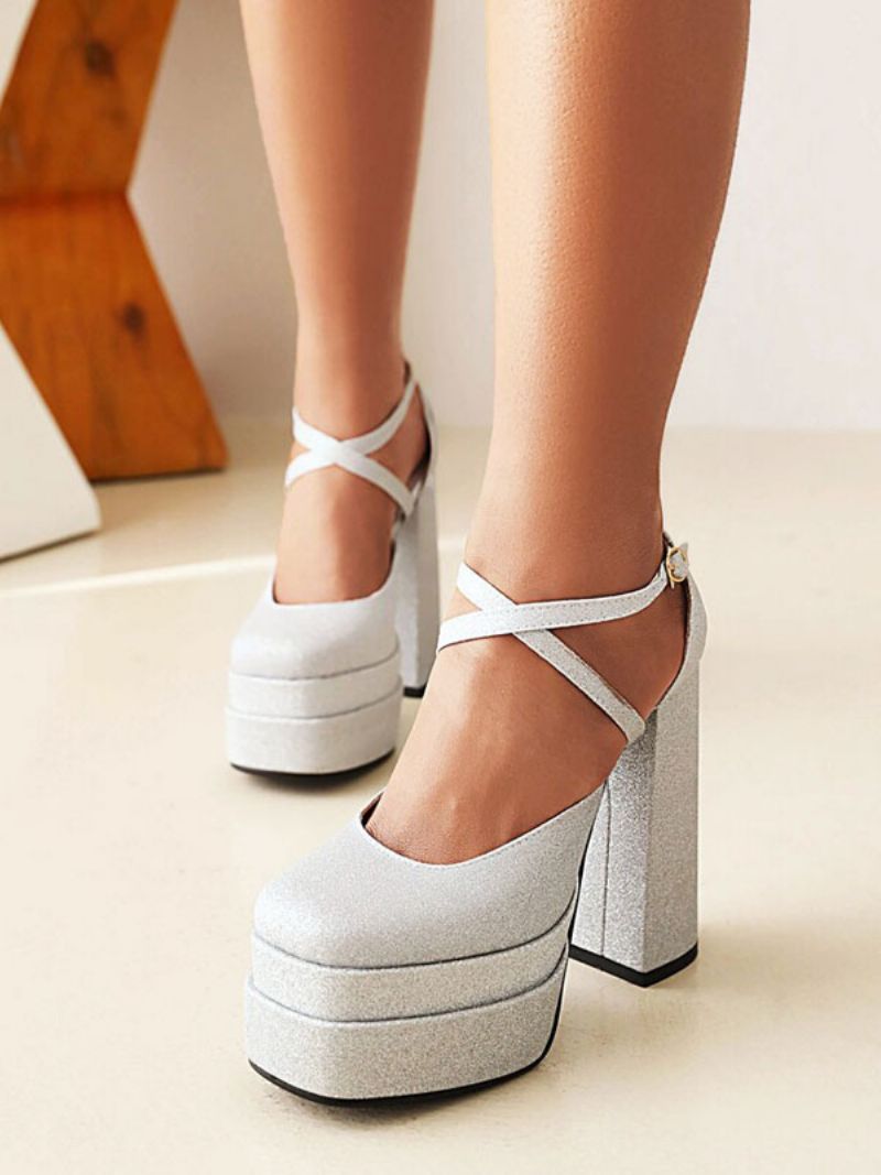 Glitter Strappy Platform Chunky Heel Pumps För Kvinnor - Silver