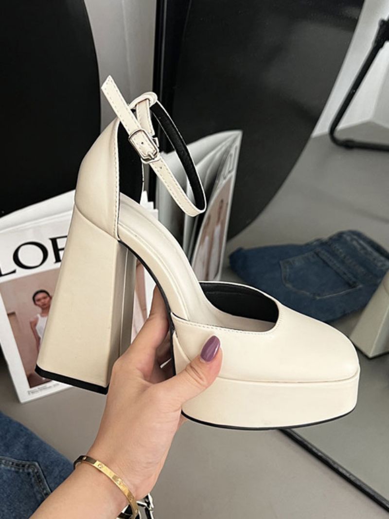 Högklackade Damplattformar Chunky Heel Pumps Pu-läder - Beige